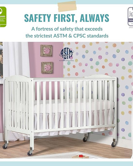 Folding Full Size Convenience Crib In White, Two Adjustable Mattress Height Positions, Comes With Heavy Duty Locking Wheels, Flat Folding Crib - LeafyLoom