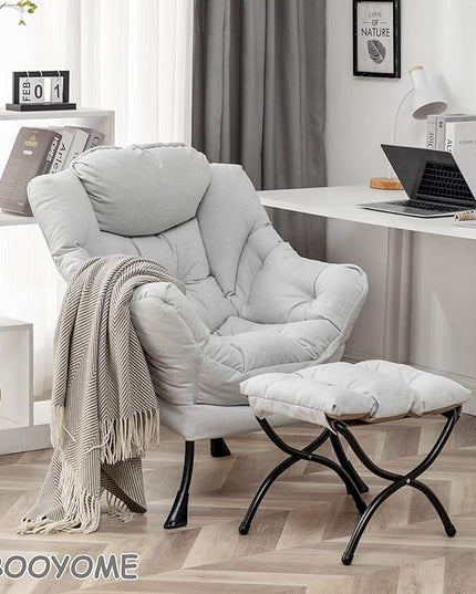 Lazy Chair with Ottoman, Modern Soft Reading Chair Accent Contemporary Lounge Leisure Sofa Chair with Armrests and a Side Pocket for Living Room, Bedroom, Dorm & Office, Light Grey - LeafyLoom