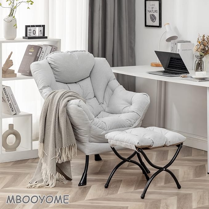 Lazy Chair with Ottoman, Modern Soft Reading Chair Accent Contemporary Lounge Leisure Sofa Chair with Armrests and a Side Pocket for Living Room, Bedroom, Dorm & Office, Light Grey - LeafyLoom