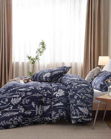 JANZAA Twin Comforter Set Navy Blue Comforter Set Floral Bedding Set Microfiber Comforter Set with Pillow Case for All Season Cozy and Comfortable 2 PCS(1 Comforter&1 Pillowcase) - LeafyLoom