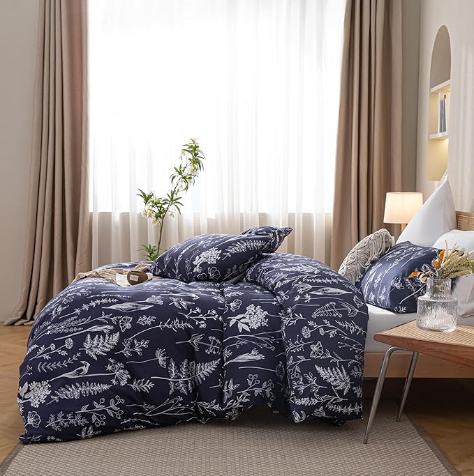 JANZAA Twin Comforter Set Navy Blue Comforter Set Floral Bedding Set Microfiber Comforter Set with Pillow Case for All Season Cozy and Comfortable 2 PCS(1 Comforter&1 Pillowcase) - LeafyLoom