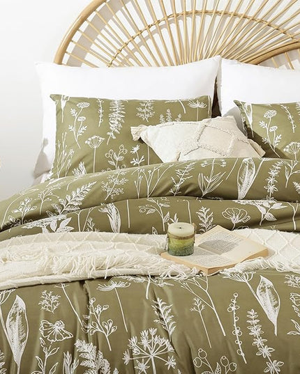 JANZAA California King Comforter Set Olive Green Comforter 3 PCS Bedding Sets Floral Comforter Set Plant Flowers Printed on Green Comforter Set with 2 Pillow Cases for All Season - LeafyLoom