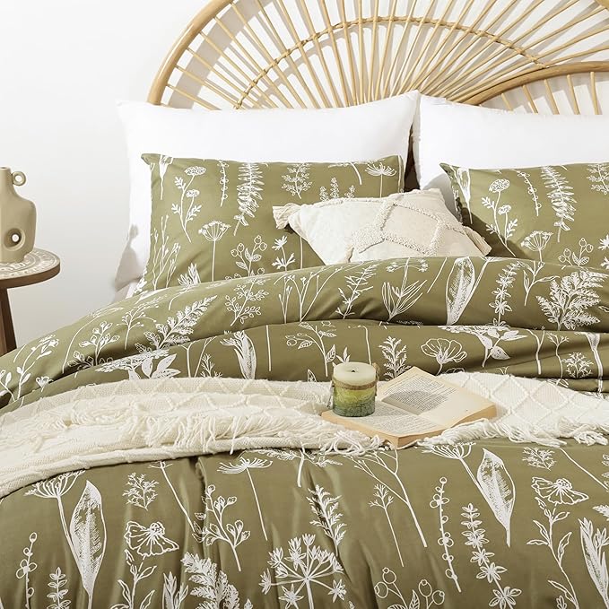 JANZAA California King Comforter Set Olive Green Comforter 3 PCS Bedding Sets Floral Comforter Set Plant Flowers Printed on Green Comforter Set with 2 Pillow Cases for All Season - LeafyLoom