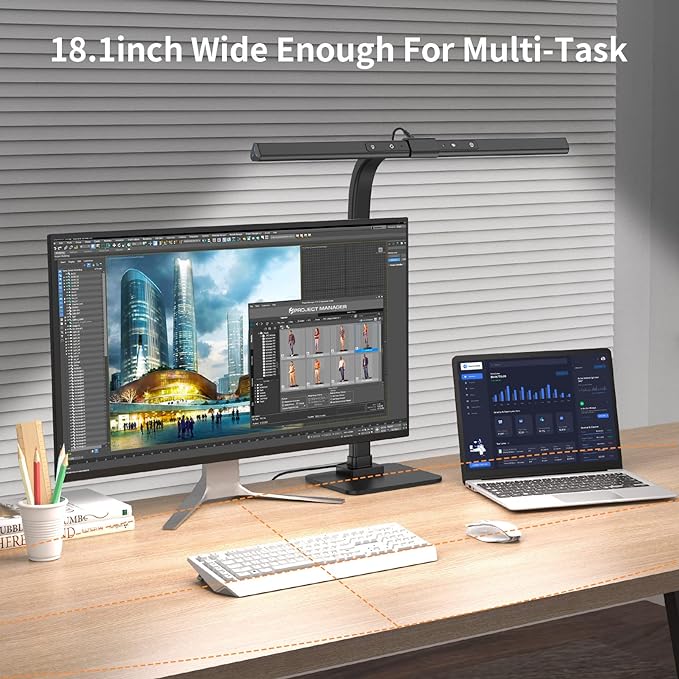 KableRika 12W LED Desk Lamp, Modern Architect Task Lamp with 6 Color Modes, Auto-Dimming, Eye-Care for Home Office, 18.1Inch Wide, 1.5m Cable, Aluminum Alloy, Black - LeafyLoom