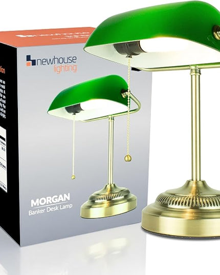 Newhouse Lighting NHDK-MO-GOAZ Morgan Antique Green and Brass Glass and Metal Adjustable Classic Banker Lamp | Compatible with Energy-Efficient LED Bulb - LeafyLoom