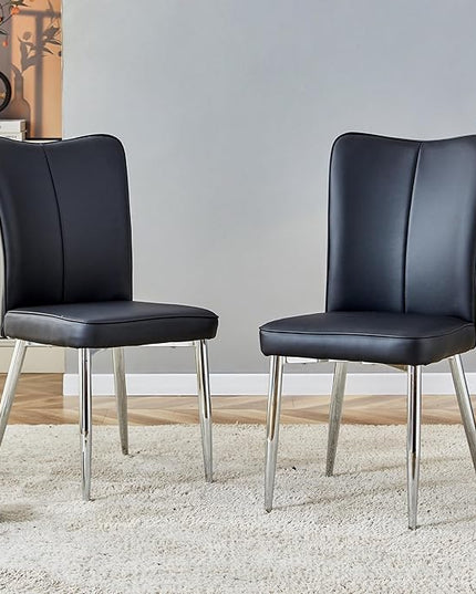 Modern Dining Chairs Set of 2, PU Leather Seat Cushions Black Dining Room Chair, with Silver Metal Legs Kitchen Chair for Home Living Room, Restaurant, Black Chair Silver Legs - LeafyLoom