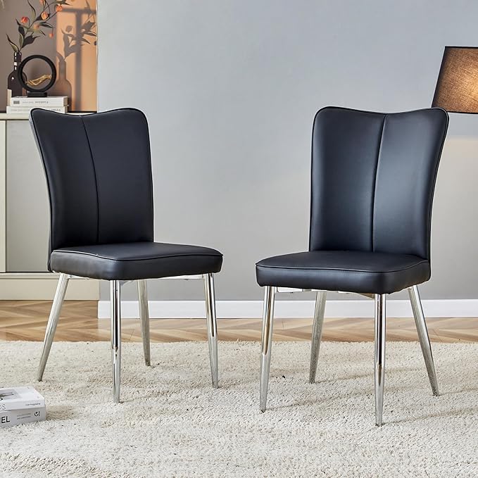 Modern Dining Chairs Set of 2, PU Leather Seat Cushions Black Dining Room Chair, with Silver Metal Legs Kitchen Chair for Home Living Room, Restaurant, Black Chair Silver Legs - LeafyLoom