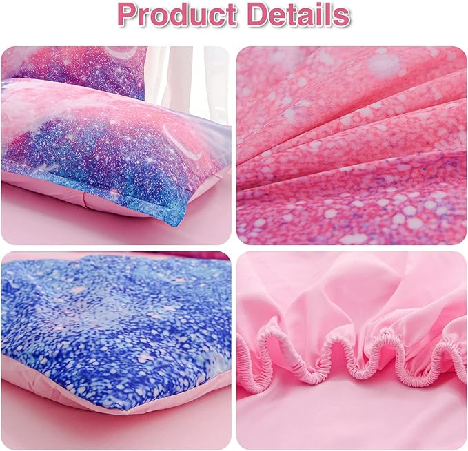 A Nice Night Galaxy Bedding Sets Outer Space Comforter 3D Printed Space Quilt Set Full 6Pcs Glitter Pink,for Children Boy Girl Teen Kids - LeafyLoom
