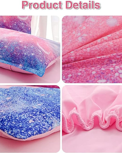A Nice Night Galaxy Bedding Sets Outer Space Comforter 3D Printed Space Quilt Set Queen 6Pcs Glitter Pink,for Children Boy Girl Teen Kids - LeafyLoom