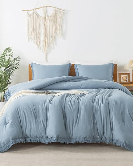 Andency Grayish Blue Comforter Set California King, 3 Pieces Boho Tassel Lightweight Bedding Comforter Sets, All Season Soft Fluffy Fringe Bed Set (104x96In Comforter & 2 Pillowcases) - LeafyLoom