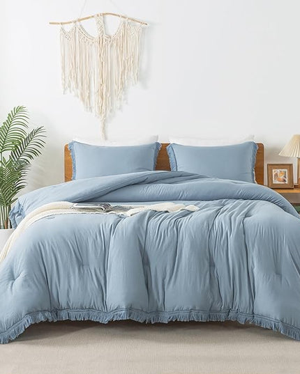 Andency Grayish Blue Comforter Set Full Size, 3 Pieces Boho Tassel Lightweight Bedding Comforter Sets, All Season Soft Fluffy Fringe Bed Set (79x90In Comforter & 2 Pillowcases) - LeafyLoom