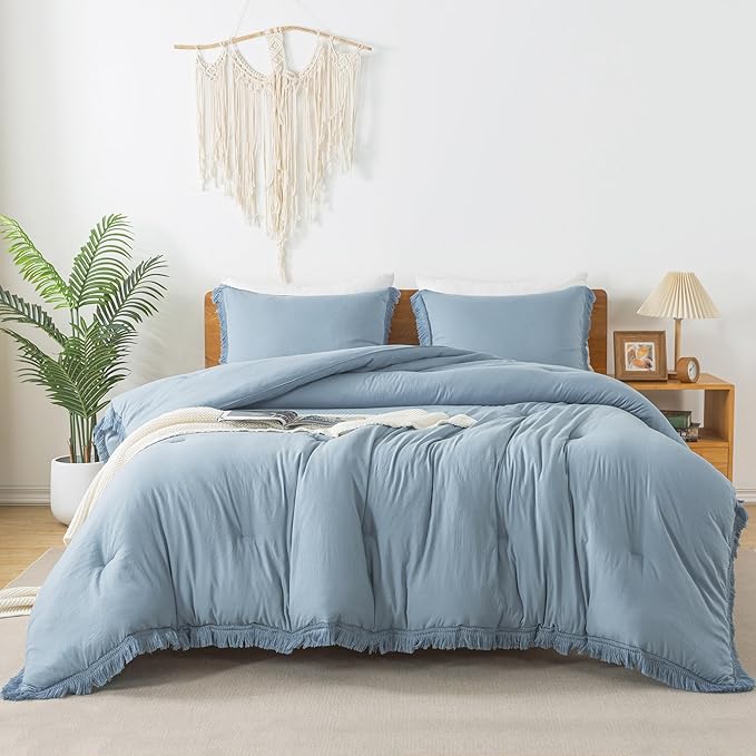Andency Grayish Blue Comforter Set Full Size, 3 Pieces Boho Tassel Lightweight Bedding Comforter Sets, All Season Soft Fluffy Fringe Bed Set (79x90In Comforter & 2 Pillowcases) - LeafyLoom