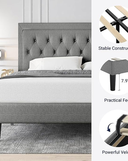 Allewie Queen Size Bed Frame Upholstered Platform Bed with Adjustable Headboard, Button Tufted, Wood Slat Support, Easy Assembly, Light Grey - LeafyLoom