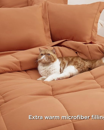 Bedsure Burnt Orange Twin XL Comforter Set - 5 Pieces Solid Twin XL Bed in a Bag for College, Twin XL Bed Set Burnt Orange with Comforters, Sheets, Pillowcase & Sham, Extra Long Twin Comforter Set - LeafyLoom