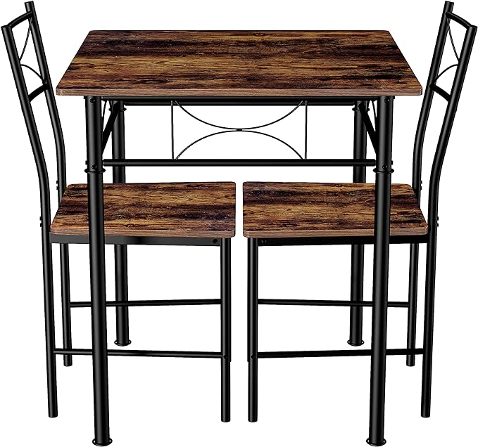 3-Piece Kitchen Dining Room Table Set for Small Spaces，Iron Wood Square Table with 2 Chairs for Kitchen Dining Room Furniture - LeafyLoom