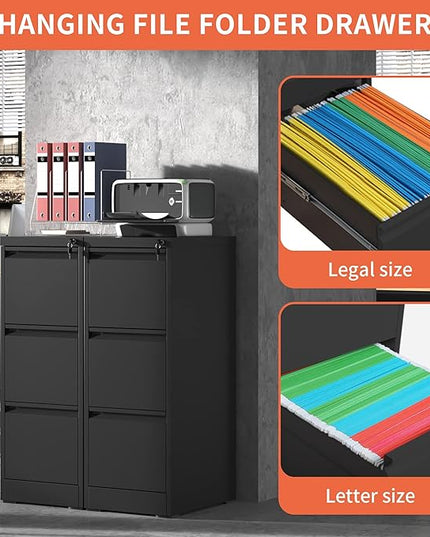 3 Drawer File Cabinet,Metal Filing Cabinets for Home Office, Black Vertical File Cabinet with Lock,Heavy Duty Metal Storage Cabinet for A4/Letter/Legal Size Files,Assembly Required - LeafyLoom
