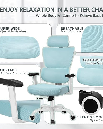 Office Chair Ergonomic Desk Chair, High Back Gaming Chair, Big and Tall Reclining chair Comfy Home Office Desk Chair Lumbar Support Breathable Mesh Computer Chair Adjustable Armrests (Blue) - LeafyLoom