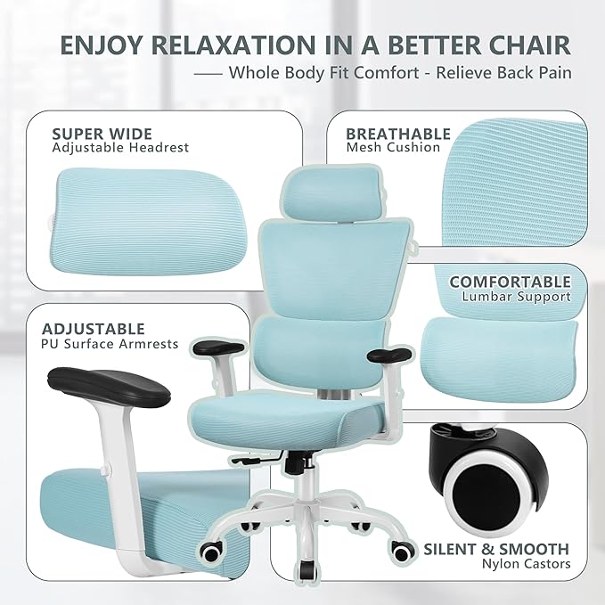 Office Chair Ergonomic Desk Chair, High Back Gaming Chair, Big and Tall Reclining chair Comfy Home Office Desk Chair Lumbar Support Breathable Mesh Computer Chair Adjustable Armrests (Blue) - LeafyLoom