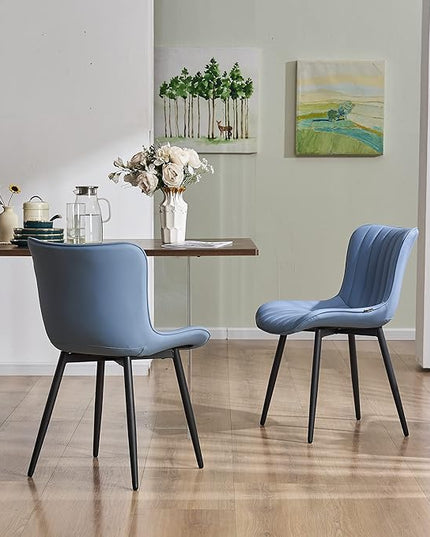 YOUNUOKE Blue Dining Chairs Set of 2 Upholstered Mid Century Modern Kitchen Dinner Chair Armless Faux Leather Guest Waiting Room Side Chair with Padded Backrest Metal Legs for Living Room Bedroom - LeafyLoom
