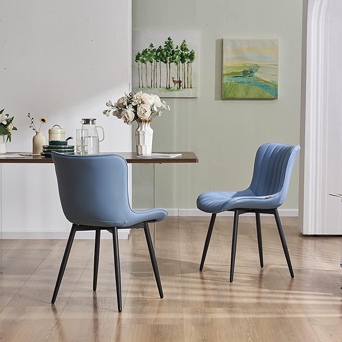 YOUNUOKE Blue Dining Chairs Set of 2 Upholstered Mid Century Modern Kitchen Dinner Chair Armless Faux Leather Guest Waiting Room Side Chair with Padded Backrest Metal Legs for Living Room Bedroom - LeafyLoom
