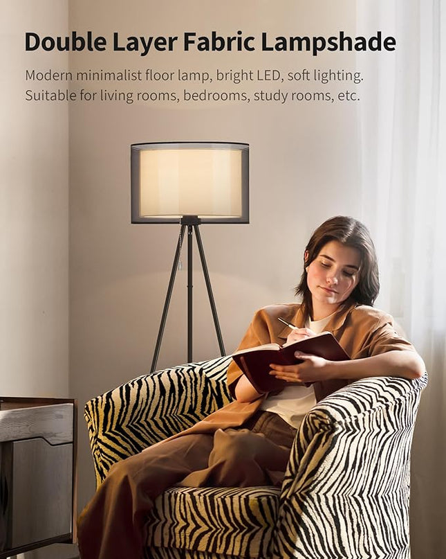 KDG Modern Floor Lamp for Living Room, Tall Tripod Floor Lamp Corner Lighting, Fabric Lampshade LED Bulb Bright Pole Light, High Light for Bedroom, Reading, Office, Study Room, Warm Light(Black) - LeafyLoom
