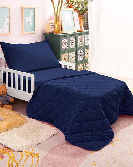 NTBAY Toddler Bedding Set - 4 Piece Soft and Breathable Crib Bedding Set for Boys and Girls, Includes Quilted Comforter, Fitted Sheet, Flat Top Sheet and Envelope Pillowcase, Navy Blue - LeafyLoom