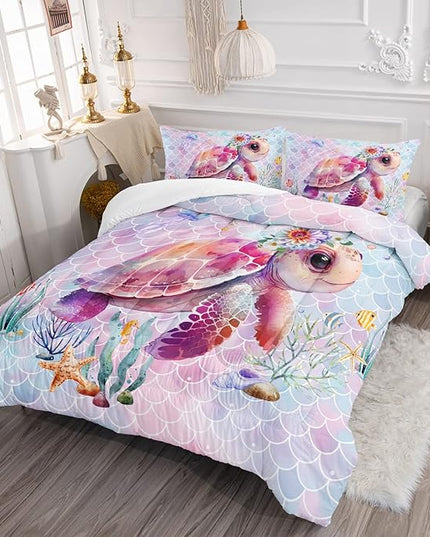 Axolotl Turtle Bedding Set Twin,Colorful Underwater World Comforter Set for Kids Boys Girls Teens,Ocean Comforter Set with Jellyfish,Kids Bedding Set Print Colorful Fish Scales,1 Quilt 2 Pillowcases - LeafyLoom