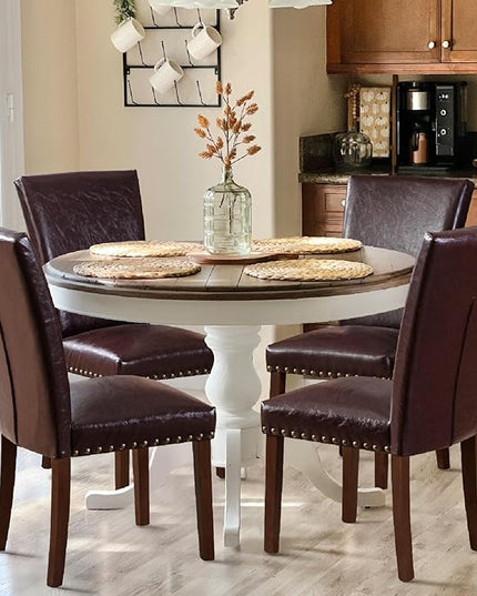 COLAMY Upholstered Parsons Dining Chairs Set of 4, PU Leather Dining Room Kitchen Side Chair with Nailhead Trim and Wood Legs - Dark Brown - LeafyLoom
