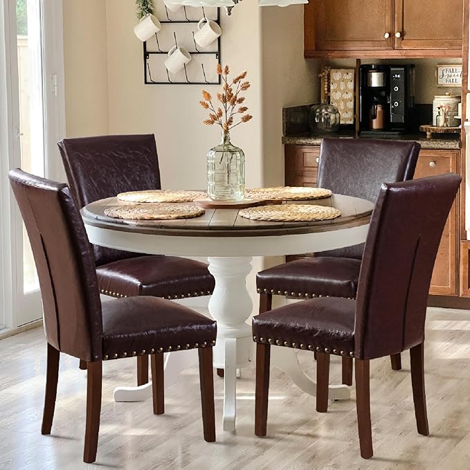 COLAMY Upholstered Parsons Dining Chairs Set of 4, PU Leather Dining Room Kitchen Side Chair with Nailhead Trim and Wood Legs - Dark Brown - LeafyLoom