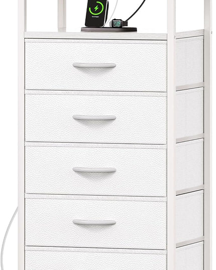 5 Drawers Dresser with Charging Station, Dresser for Bedroom, Tall Night Stand, Chest of Drawers with PU Leather Finish, Open Shelf, Bedside Table Nightstand, for Entryway, White - LeafyLoom