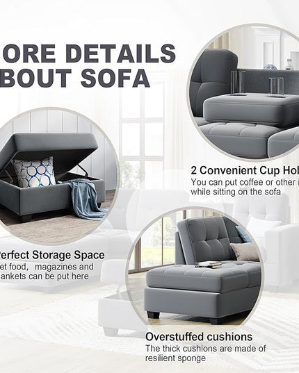 112" Modern L-Shape Sectional Sofa with Reversible Chaise &Storage Ottoman, Velvet Upholstered Couch w/Cup Holder, for Living Room, Apartment, 104 Inch, Dark Gray - LeafyLoom