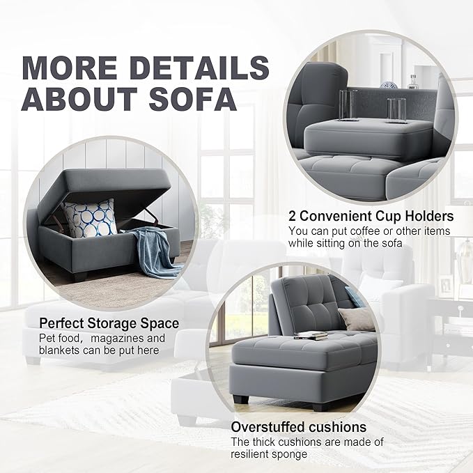 112" Modern L-Shape Sectional Sofa with Reversible Chaise &Storage Ottoman, Velvet Upholstered Couch w/Cup Holder, for Living Room, Apartment, 104 Inch, Dark Gray - LeafyLoom
