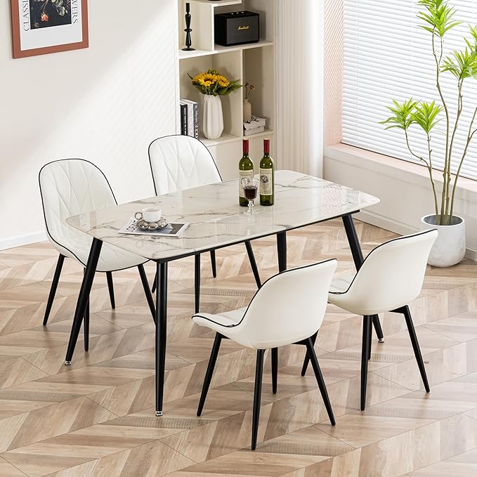 YOUNIKE Dining Chairs Set of 2, White Comfy Padded Kitchen Chairs, Armless Modern Faux Leather Upholstered Dining Room Chairs, Elegant Dinning Chairs Side Chairs, Easy to Clean - LeafyLoom