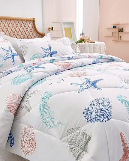 JSD 3 Piece Queen Beach Theme Kids Comforter Set, Jellyfish Starfish Shell Printed Comforter with Pillow Sham, Soft Comfortable Machine Washable - LeafyLoom