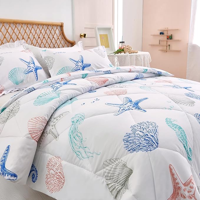 JSD 3 Piece Queen Beach Theme Kids Comforter Set, Jellyfish Starfish Shell Printed Comforter with Pillow Sham, Soft Comfortable Machine Washable - LeafyLoom