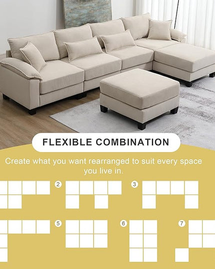133" Corduroy 6 Seat Freely Combinable Sofa with Armrest Bags,U Shaped Indoor Solid Wood Sectional Couch w/Pillows,for Living Room,Bedroom,Apartment,Office,Lounges,Beige - LeafyLoom
