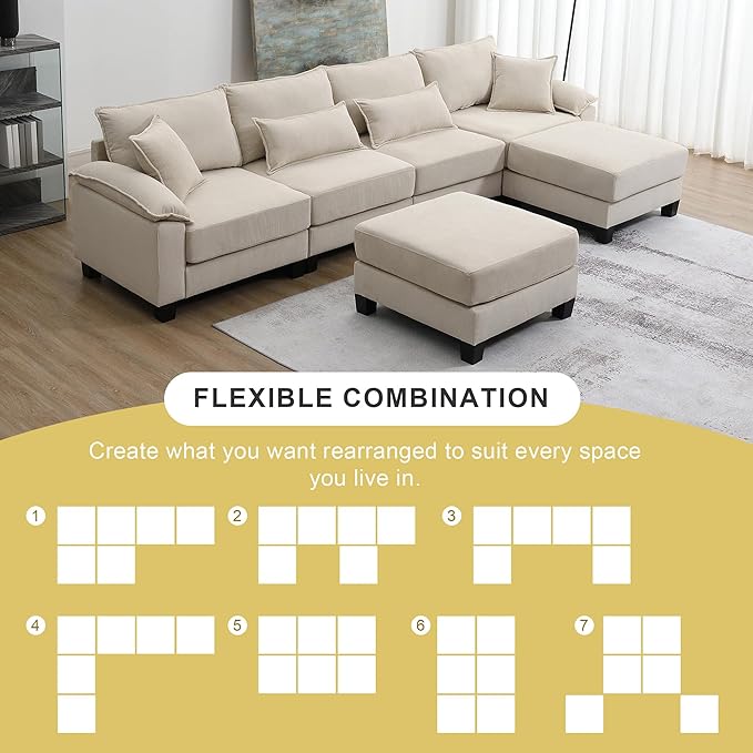 133" Corduroy 6 Seat Freely Combinable Sofa with Armrest Bags,U Shaped Indoor Solid Wood Sectional Couch w/Pillows,for Living Room,Bedroom,Apartment,Office,Lounges,Beige - LeafyLoom