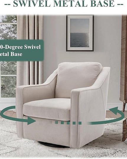 COLAMY 360° Swivel Accent Chair, Upholstered Fabric Leisure Armchair with Innerspring Seat Cushion Lumbar Pillow Metal Base for Living Room Bedroom Home Office, Beige - LeafyLoom