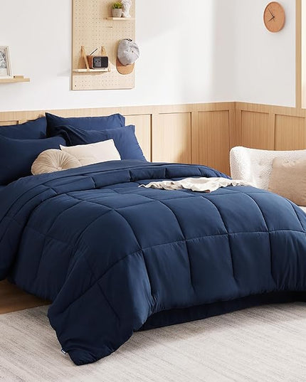Bedsure Navy Twin Comforter Set - 5 Pieces Solid Twin Bed in a Bag, Twin Bed Set Navy with Quilted Warm Fluffy Comforters, Sheets, Pillowcase & Sham - LeafyLoom
