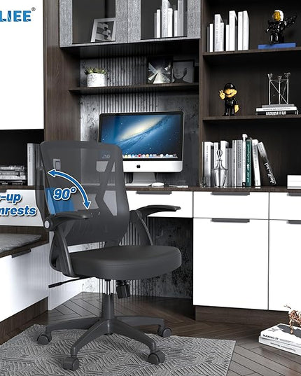 KOLLIEE Mid Back Mesh Office Chair Ergonomic Swivel Black Mesh Computer Chair Flip Up Arms with Lumbar Support Adjustable Height Task Chair - LeafyLoom