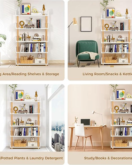 5-Tier Wooden Bookshelf, Modern Open Bookcase with Top Edge and Solid Wood Frame, Freestanding Bookshelf Storage Organizer for Home Office Living Room - LeafyLoom