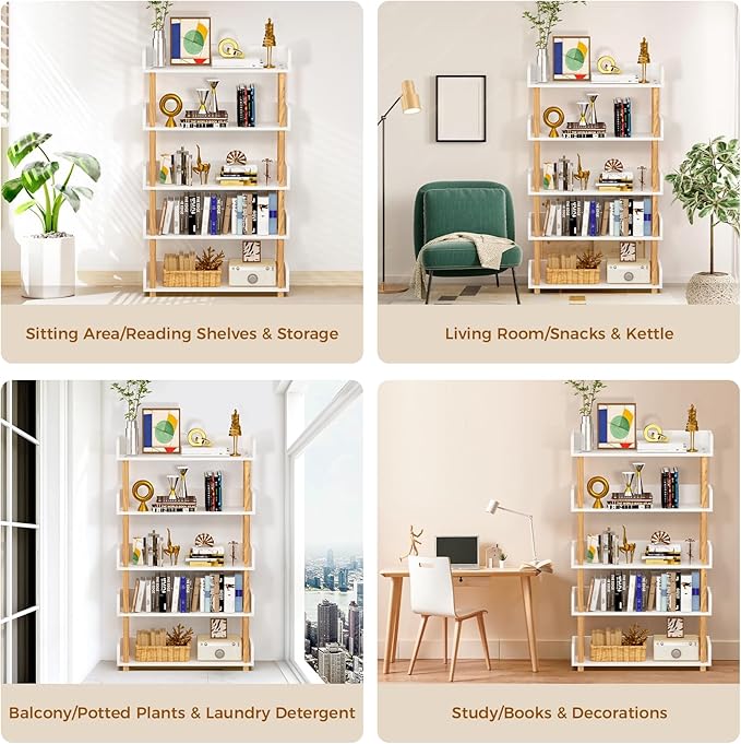 5-Tier Wooden Bookshelf, Modern Open Bookcase with Top Edge and Solid Wood Frame, Freestanding Bookshelf Storage Organizer for Home Office Living Room - LeafyLoom