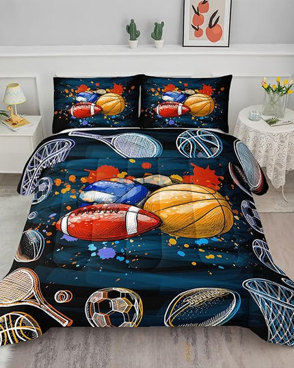 Axolotl Ball Game Bedding Set Queen,Basketball Comforter Set Sports Bedding,Volleyball Comforter Set Soccer Bedding,Football Comforter Colorful Grunge Style for Kids Boys Teens,1 Quilt 2 Pillowcases - LeafyLoom
