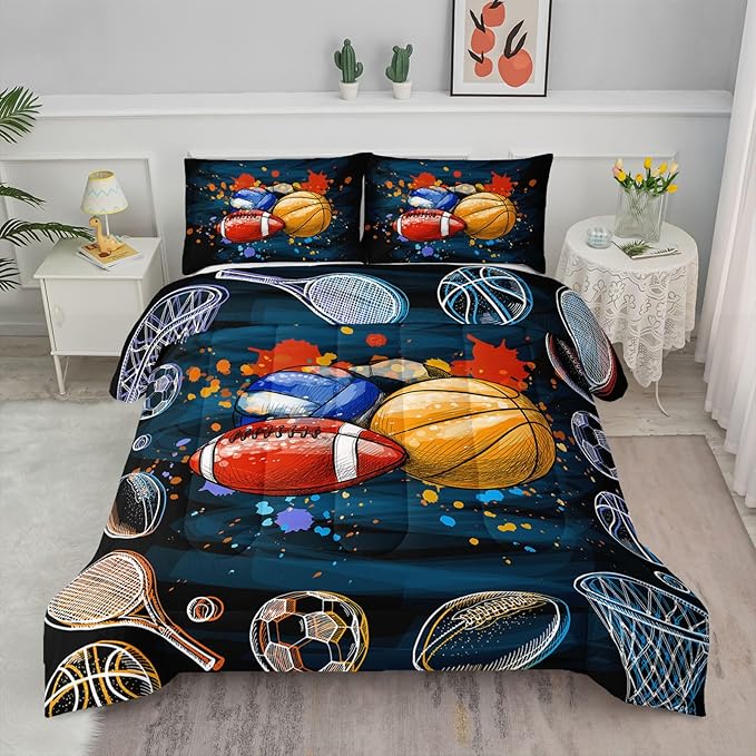 Axolotl Ball Game Bedding Set Full,Basketball Comforter Set Sports Bedding,Volleyball Comforter Set Soccer Bedding,Football Comforter Colorful Grunge Style for Kids Boys Teens,1 Quilt 2 Pillowcases - LeafyLoom