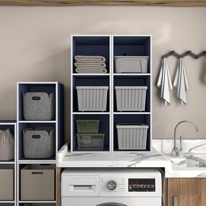 Apexa 3 Cube Storage Organizer Shelves, Stackable Wood Bookcase Fits Cubby Bins for Organization, Dorm Teen Room Decor & Home Office, Steel Blue - LeafyLoom