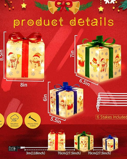 [Large 8.5"x7"x6" Christmas Set of 3 Lighted Gift Boxes Decorations Pre-lit 70 Super-Bright LED with Flashers,for Indoor Outdoor Christmas Tree Skirt Ornament Pathway Holiday Party Home GLOWNOVA