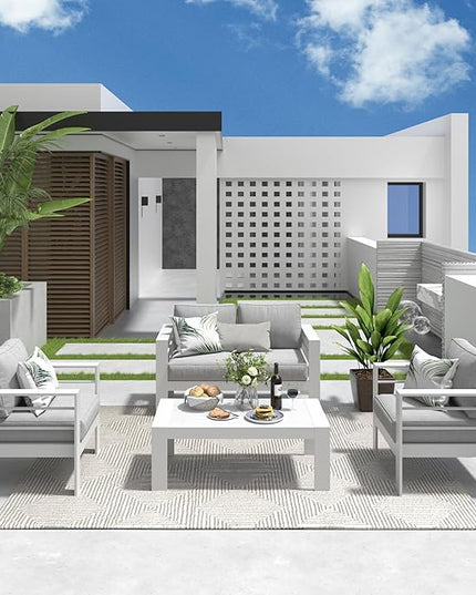 Solaste Outdoor Aluminum Furniture Set - 4 Pieces Patio Sectional Chat Sofa Conversation Set with Table,White - LeafyLoom