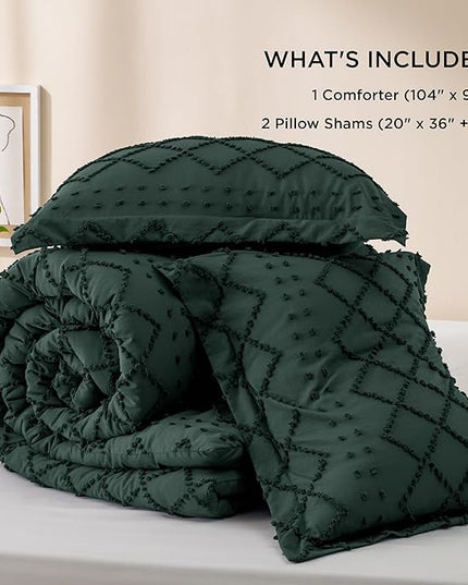 Bedsure King Size Comforter Set - Dark Emerald Green Comforter, Forest Green Boho Tufted Shabby Chic Bedding Comforter Set, 3 Pieces Vintage Farmhouse Bed Set with 2 Pillow Shams for All Seasons - LeafyLoom
