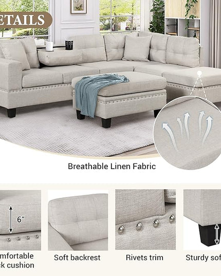 104.5" Modern L-Shape Sectional Sofa with Reversible Chaise &Storage Ottoman, Linen Upholstered Couch w/Rivet Ornament, 2 Pillows and Cup Holder, for Living Room, Apartment - LeafyLoom