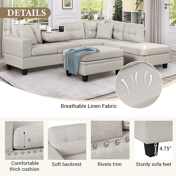 104.5" Modern L-Shape Sectional Sofa with Reversible Chaise &Storage Ottoman, Linen Upholstered Couch w/Rivet Ornament, 2 Pillows and Cup Holder, for Living Room, Apartment - LeafyLoom